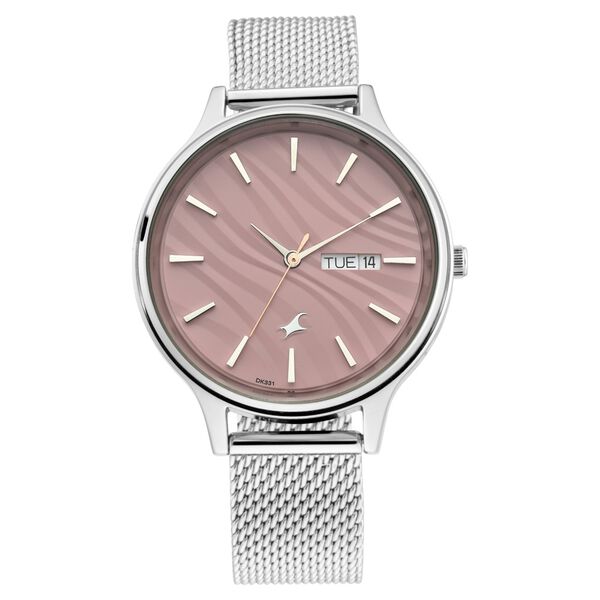 Fastrack Ruffles Quartz Analog with Day and Date Pink Dial Stainless Steel Strap Watch for Girls - image number 2