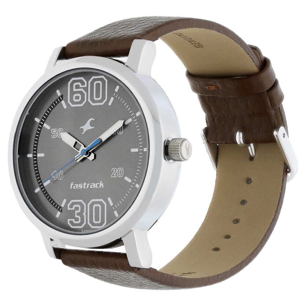 Fastrack Fundamentals Quartz Analog Grey Dial Leather Strap Watch
