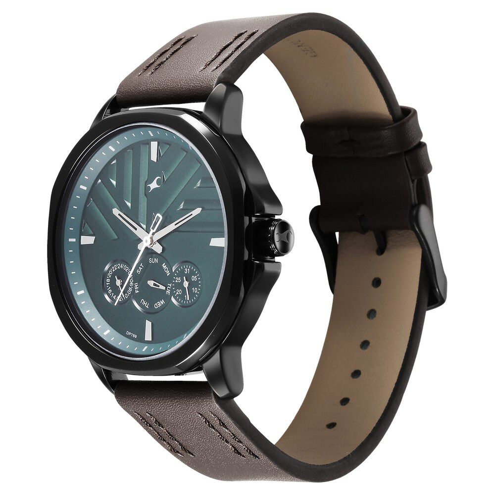 Buy Online Fastrack Fleek Quartz Multifunction Green Dial Leather Strap Watch for Guys 3303nl01 Fastrack