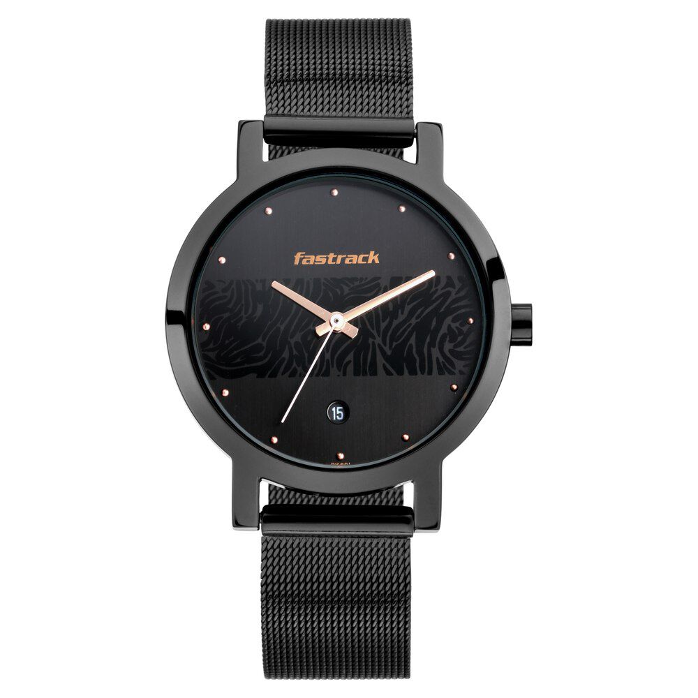 Buy Online Fastrack Animal Print Quartz Analog with Date Black Dial Stainless Steel Strap Watch for Girls np6222nm01 Fastrack
