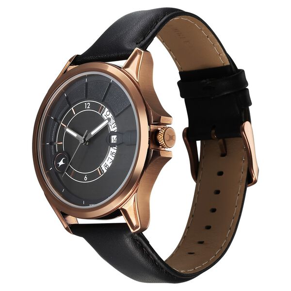 Fastrack Groove Quartz Analog with Date Grey Dial Black Leather Strap Watch For Guys - image number 5
