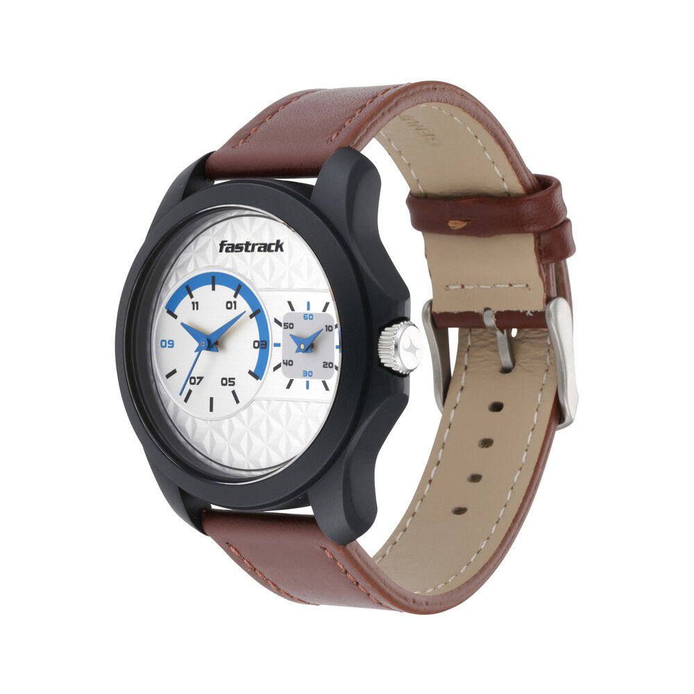 Fastrack Dual Time Quartz Analog White Dial Leather Strap Watch