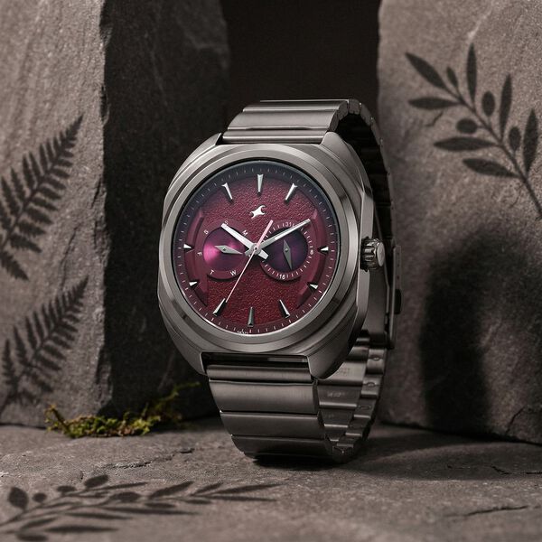 Fastrack Wild Analog with Burgandy Dial Gun Metal Strap Watch for Guys - image number 1
