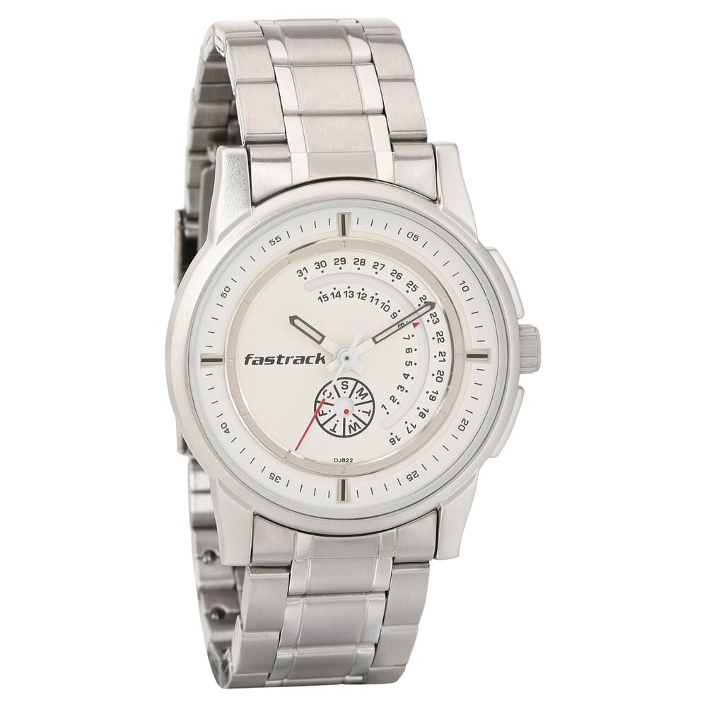 Buy Online Fastrack Go Skate Quartz Analog with Day and Date White Dial Stainless Steel Strap Watch for Guys ns3215sm01 Fastrack
