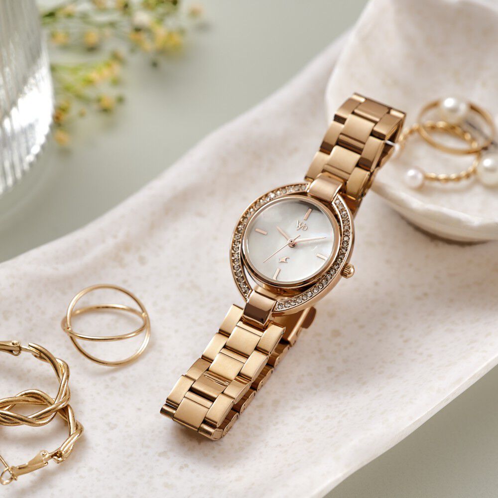 Buy Online Fastrack Vyb Celeste Quartz Analog Mother of Pearl Dial Rose Gold Metal Strap Watch For Girls fv60043wm01w Fastrack