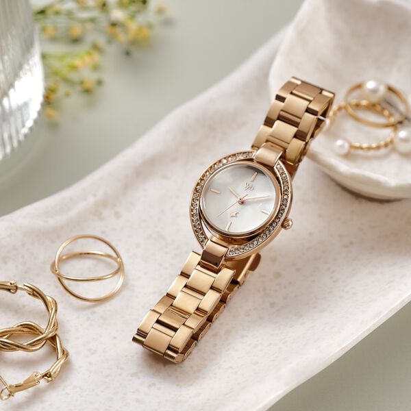 Fastrack Vyb Celeste Quartz Analog Mother of Pearl Dial Rose Gold Metal Strap Watch For Girls - image number 0