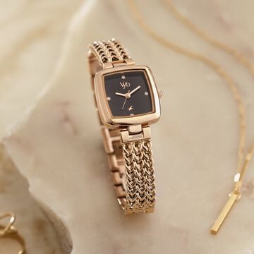 Fastrack Vyb Showstopper Quartz Analog Black Dial Rose Gold Metal Strap Watch For Girls