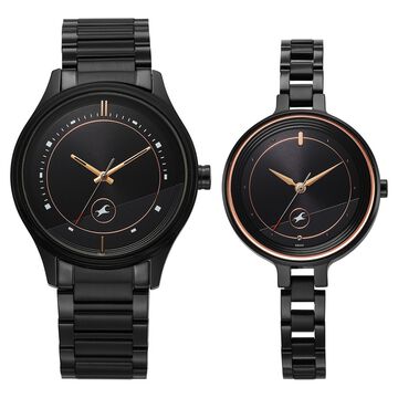 Fastrack Mixmatched Quartz Analog Black Dial Black Stainless Steel Strap Watch For Couple