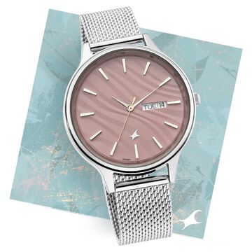 Fastrack Ruffles Quartz Analog with Day and Date Pink Dial Stainless Steel Strap Watch for Girls