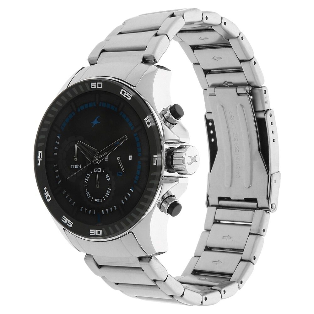 Buy Online Fastrack Big Time Quartz Chronograph Black Dial Stainless Steel Strap Watch for Guys np3072sm03 Fastrack