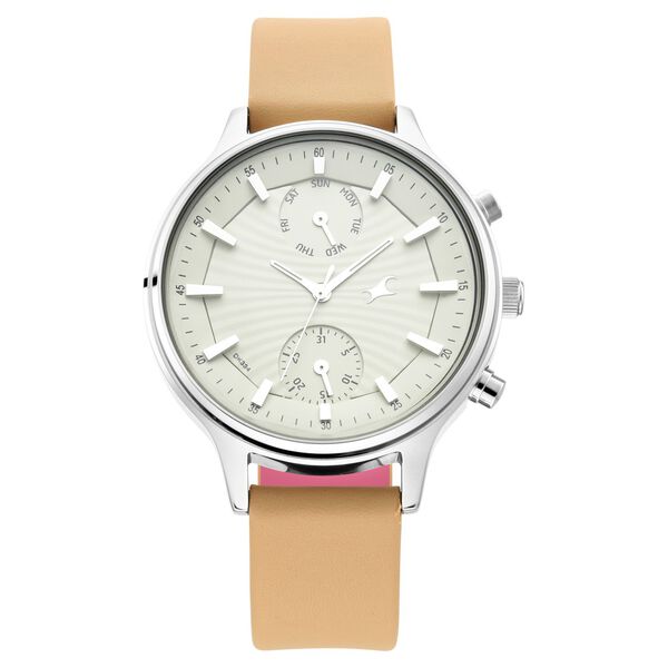 Fastrack Ruffles Quartz Multifunction Beige Dial Leather Strap Watch for Girls - image number 2