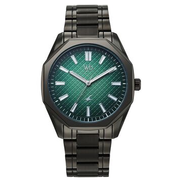 Vyb Quest By Fastrack Quartz Analog Green Dial Grey Metal Strap Watch For Guys