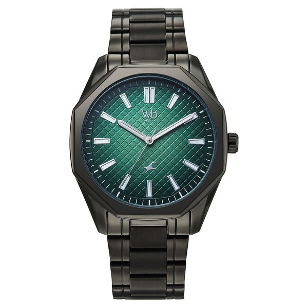Vyb Quest By Fastrack Quartz Analog Green Dial Grey Metal Strap Watch For Guys - image number 0