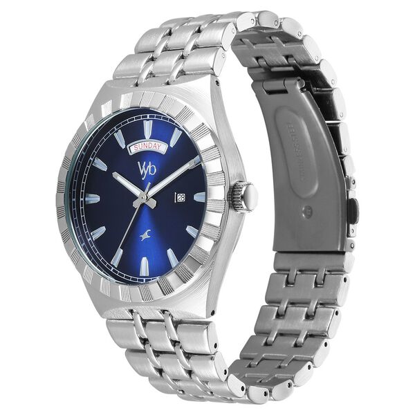 Fastrack Vyb Orion Quartz Analog Blue Dial Silver Color Metal Strap Watch For Guys - image number 3