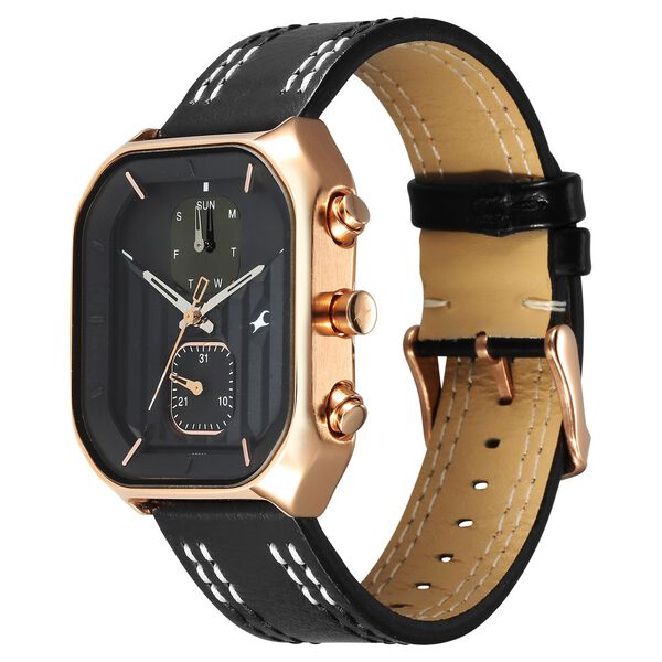 Fastrack Fleek Quartz Multifunction Black Dial Leather Strap Watch For Guys - image number 2