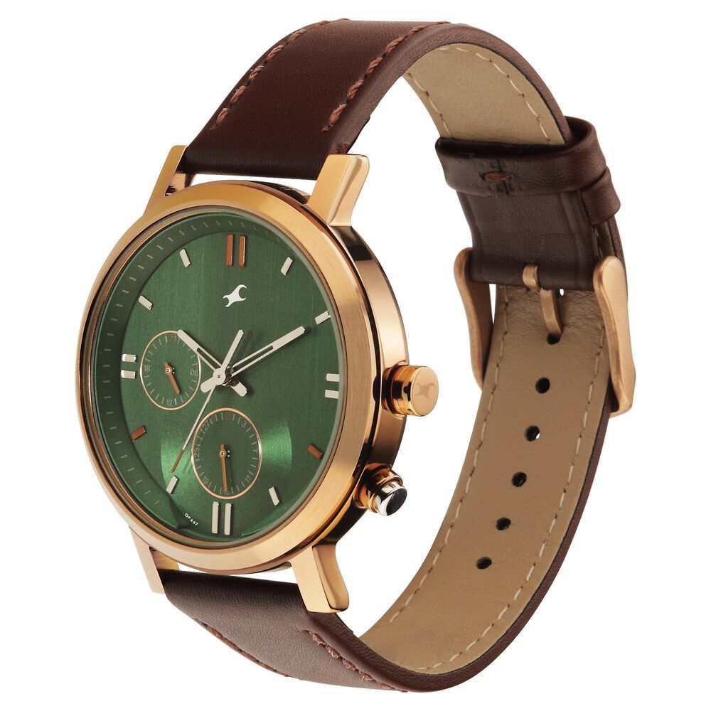 Fastrack Tick Tock Quartz Analog Green dial Leather Strap Watch