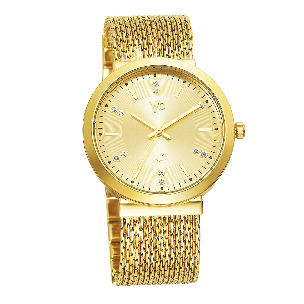 Buy Online Fastrack Vyb Flare Quartz Analog Golden Dial Metal Strap Watch for Girls fv60011ym01w Fastrack