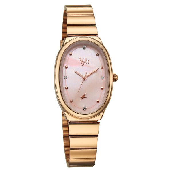 Vyb Enigma By Fastrack Quartz Analog Pink Mother of Pearl Dial Rose Gold Metal Strap Watch For Girls - image number 2