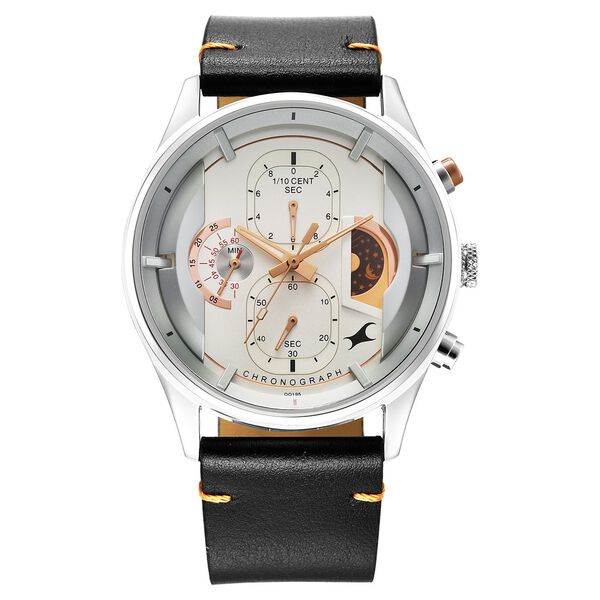 Fastrack Opulence Sun Moon Chronograph Silver Dial Black Leather Strap Analog Quartz Watch For Guys - image number 1