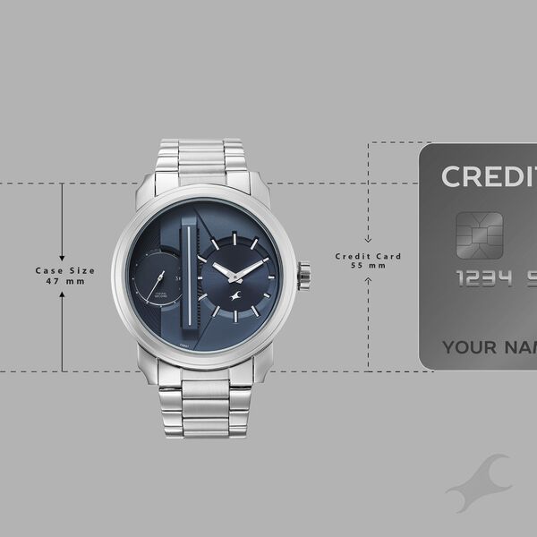 Fastrack Pulse IV Dual Time Analog Watch with Blue Dial & Silver Stainless Steel Strap For Guys - image number 3