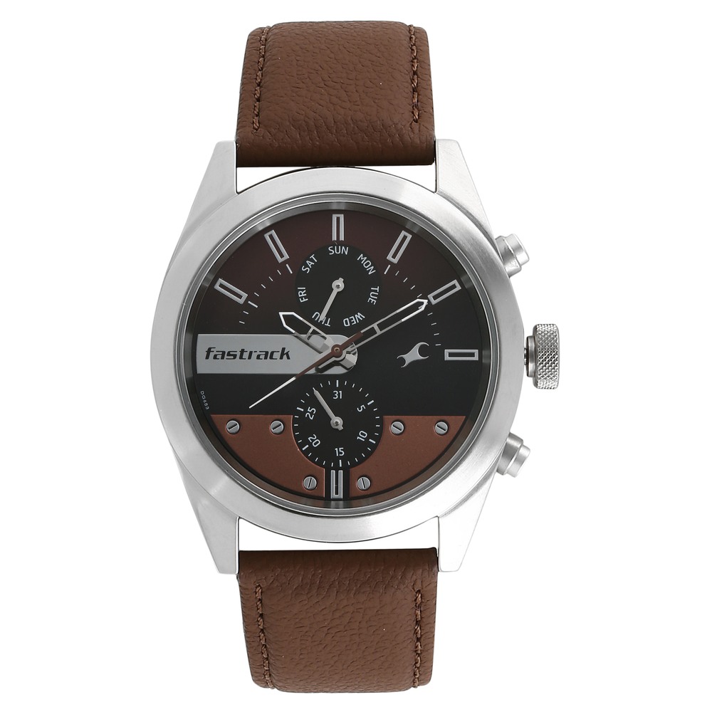 Buy Online Fastrack All Nighters Quartz Multifunction Brown Dial Leather Strap Watch for Guys ns3165sl01 Fastrack
