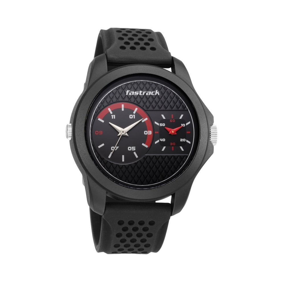 Buy Online Fastrack Dual Time Quartz Analog Black Dial Silicone Strap Watch for Guys np38042pp06 Fastrack