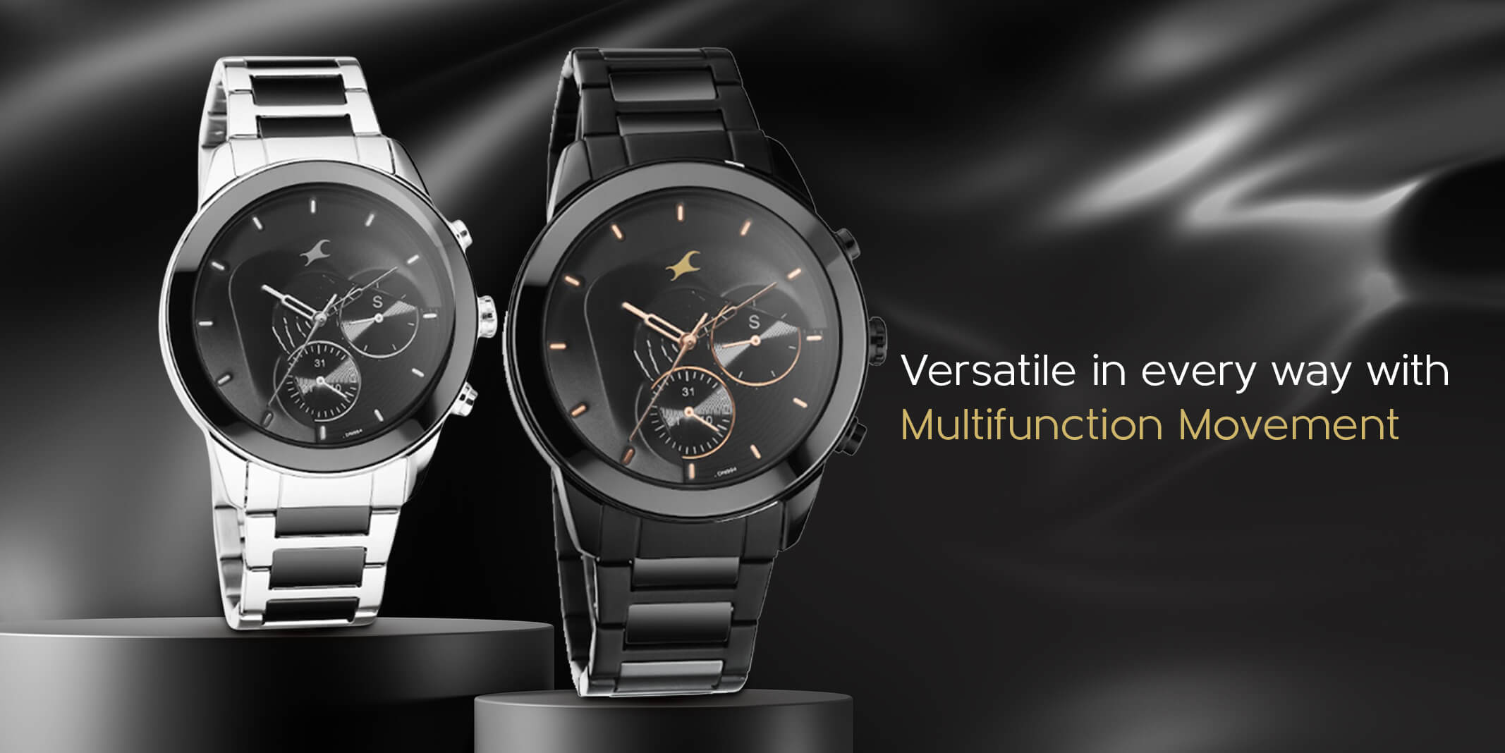 Fastrack Cerame Quartz Multifunction Black Dial Steel & Ceramic Strap Watch for Guys