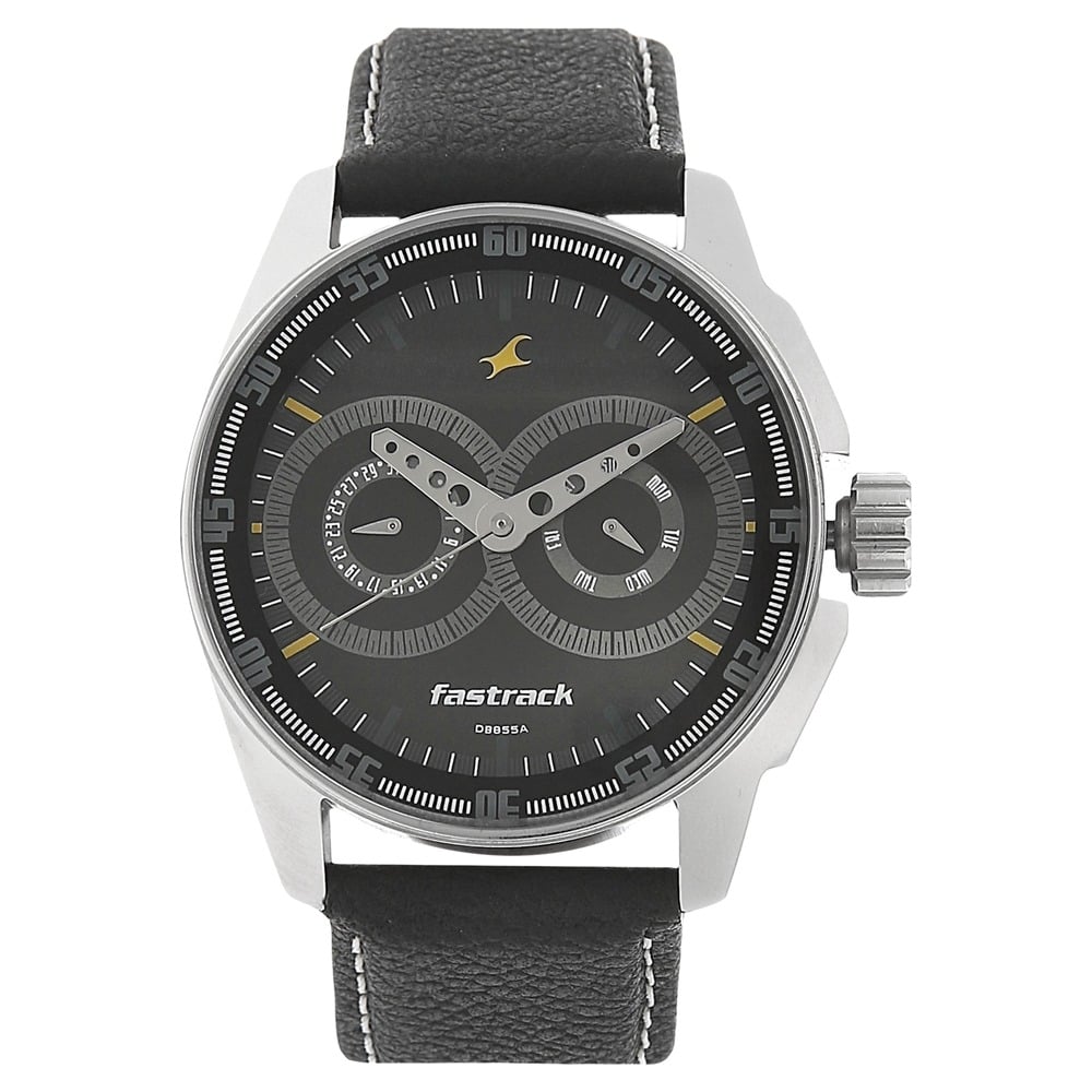Buy Online Fastrack Quartz Multifunction Black Dial Leather Strap Watch for Guys nm3089sl02 Fastrack