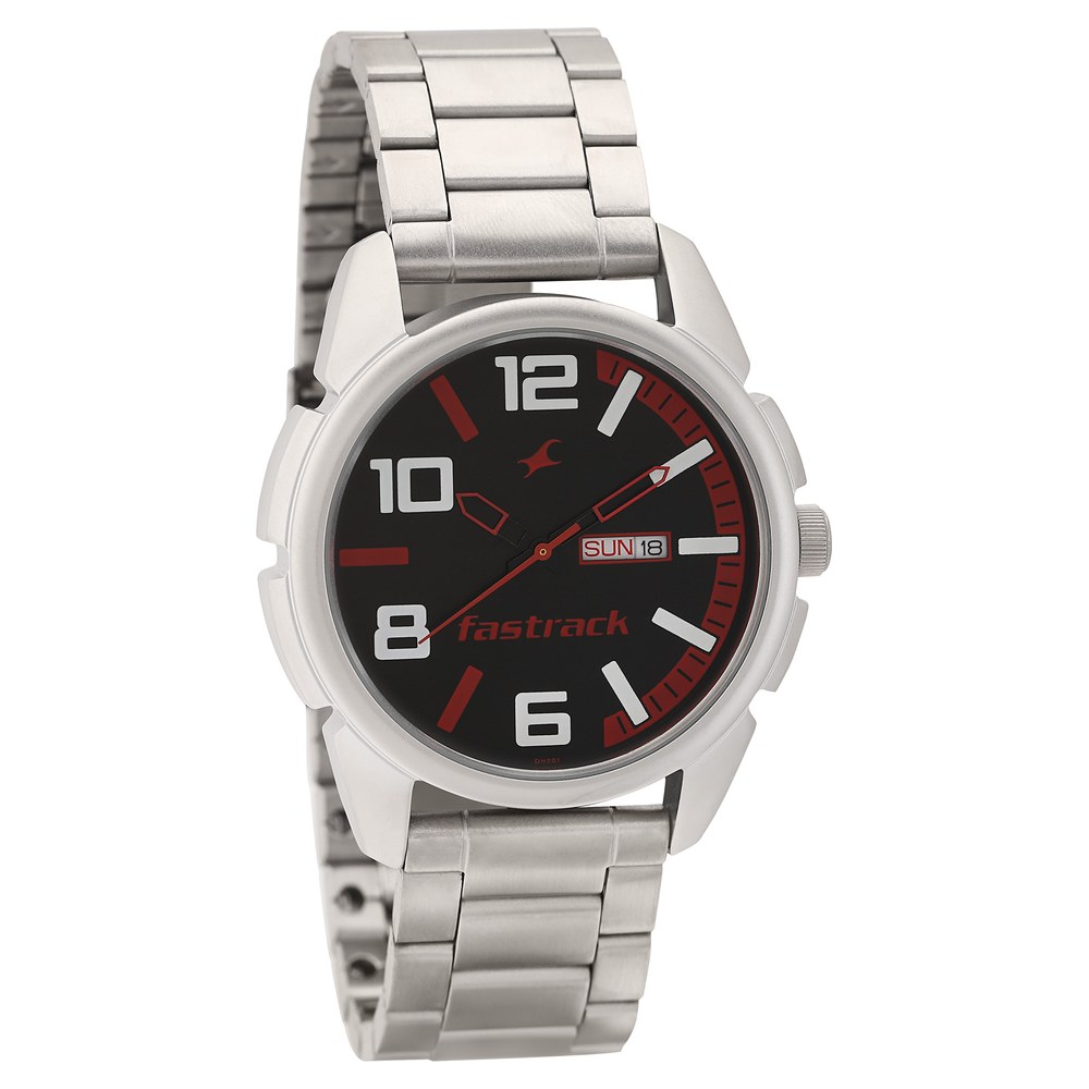 Buy Online Fastrack Quartz Analog with Day and Date Black Dial Stainless Steel Strap Watch for Guys nm3124sm04 Fastrack