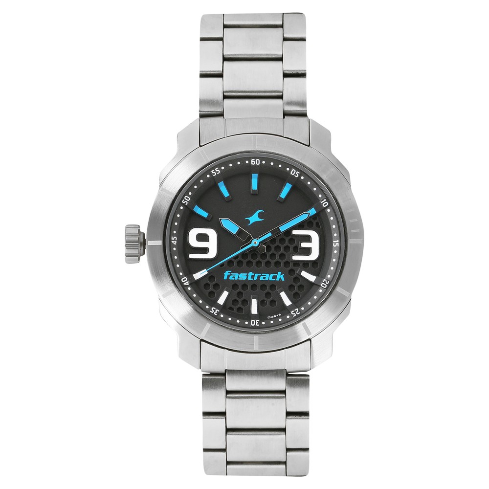 Buy Online Fastrack Loopholes Quartz Analog Black Dial Stainless Steel Strap Watch for Guys nl3168sm02 Fastrack