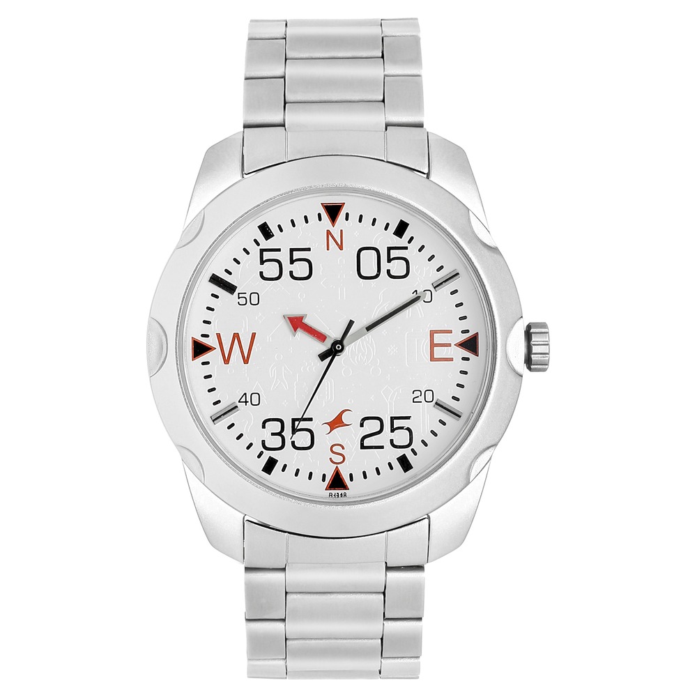 Buy Online Fastrack Road Trip Quartz Analog White Dial Stainless Steel Strap Watch for Guys nm3123sm05 Fastrack